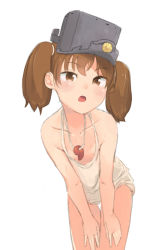 Rule 34 | 1girl, absurdres, bare shoulders, brown eyes, brown hair, camisole, co botan, collarbone, commentary request, flat chest, highres, jewelry, kantai collection, leaning forward, looking at viewer, magatama, pendant, ryuujou (kancolle), sleeveless, solo, twintails, visor cap, white background