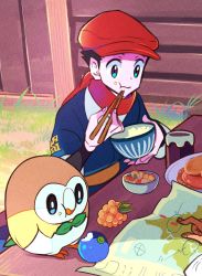 Rule 34 | 1boy, 1other, black hair, blue eyes, cabbie hat, chopsticks, commentary request, creatures (company), eating, food, food on face, galaxy expedition team survey corps uniform, game freak, gen 7 pokemon, hat, highres, holding, holding chopsticks, japanese clothes, kaichi210, map, nintendo, pokemon, pokemon legends: arceus, red hat, red scarf, rei (pokemon), rowlet, scarf, solo, table, wooden table