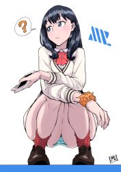 Rule 34 | 10s, 1girl, ?, arm scrunchie, ass, bad weather, black hair, blue eyes, bow, cardigan, cellphone, closed mouth, full body, gridman universe, holding, holding phone, long hair, long sleeves, looking at viewer, looking away, panties, pantyshot, phone, red legwear, shoes, smartphone, socks, spoken question mark, squatting, ssss.gridman, takarada rikka, thick thighs, thighs, underwear, white background, white panties
