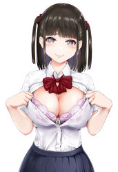 Rule 34 | 1girl, absurdres, black hair, black skirt, blush, bow, bowtie, bra, breasts, cleavage, closed mouth, collared shirt, dress shirt, grey eyes, hatsuitsumo, head tilt, highres, large breasts, looking at viewer, medium hair, open clothes, open shirt, original, pink bra, pink lips, pleated skirt, red bow, red scrunchie, school uniform, scrunchie, shirt, short sleeves, sidelocks, simple background, skirt, smile, solo, two side up, underwear, white background, white shirt
