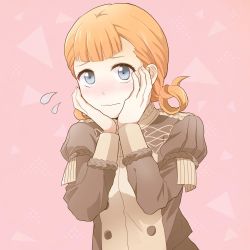 Rule 34 | 1girl, annette fantine dominic, bad id, bad twitter id, blue eyes, blush, closed mouth, epaulettes, fire emblem, fire emblem: three houses, hands on own cheeks, hands on own face, long sleeves, nintendo, orange hair, shimizu feaka, solo, uniform, upper body, wavy mouth