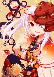 Rule 34 | 1girl, bad id, bad pixiv id, bell, chiyomatsu, cup, fang, floral print, flower, goma (11zihisin), hexagon, horns, japanese clothes, kimono, long hair, mask, original, petals, red eyes, sakazuki, single horn, smile, solo, traditional clothes, white hair