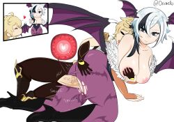 Rule 34 | 1boy, 1girl, absurdres, aether (genshin impact), arlecchino (genshin impact), ass, bad source, breasts, clothed sex, cosplay, genshin impact, hetero, highres, huge ass, impregnation, large breasts, large penis, morrigan aensland, morrigan aensland (cosplay), oriimello, penis, sex, thighs, vaginal, wings