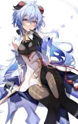 Rule 34 | 1girl, absurdres, ahoge, bare shoulders, black gloves, black pantyhose, blue hair, bodystocking, breasts, commentary, detached sleeves, feet out of frame, ganyu (genshin impact), genshin impact, gloves, high-waist skirt, highres, horns, long hair, long sleeves, looking at viewer, lumo 1121, pantyhose, purple eyes, simple background, skirt, small breasts, solo, thighs, very long hair, white background, white skirt