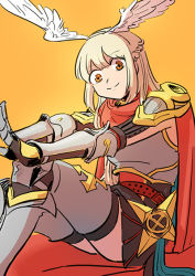 Rule 34 | 1girl, armor, armored boots, black skirt, blonde hair, boobplate, boots, braid, breastplate, brown eyes, cape, closed mouth, commentary request, cross, feet out of frame, french braid, gauntlets, head wings, leg armor, long hair, looking at viewer, official alternate costume, orange hair, pauldrons, ragnarok online, red cape, rune knight (ragnarok online), shoulder armor, simple background, sitting, skirt, smile, solo, white wings, wings, zhi xie