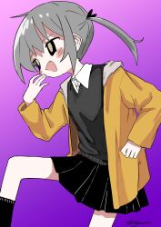 Rule 34 | 1girl, absurdres, black cardigan, black eyes, black skirt, black socks, blush stickers, brown pupils, cardigan, collared shirt, fang, feet out of frame, from side, gradient background, grey hair, half-closed eyes, hand on own hip, hand to own mouth, hand up, highres, hood, hood down, hooded jacket, jacket, knee up, kneehighs, laughing, long sleeves, looking ahead, open clothes, open jacket, open mouth, original, pleated skirt, purple background, shii595, shirt, short twintails, signature, skirt, smile, smug, socks, solo, standing, twintails, white shirt, yellow jacket