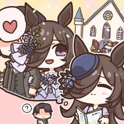 Rule 34 | 1boy, 1girl, 1koma, ?, animal ears, blue eyes, blue flower, blue headwear, blue rose, blunt bangs, blush stickers, book, bouquet, brown hair, brown headwear, church, closed eyes, comic, commentary, dress, faceless, faceless male, fascinator, flipped hair, flower, forgemod1oader, gold ship (umamusume), grey hair, hair ornament, hair over one eye, hairband, hat, hat flower, heart, highres, holding, holding another&#039;s arm, holding book, holding bouquet, holding instrument, horse ears, horse girl, imagining, instrument, korean commentary, long hair, long sleeves, mihono bourbon (umamusume), music, name connection, object namesake, open door, open mouth, outline, picture book, pillbox hat, pink background, playing instrument, puffy short sleeves, puffy sleeves, purple eyes, purple shirt, rabbit, rainbow, rice, rice shower (umamusume), rose, sailor collar, sailor shirt, school uniform, shirt, short hair, short sleeves, silent comic, spoken heart, spoken question mark, stained glass, summer uniform, swept bangs, thought bubble, tilted headwear, tracen school uniform, trainer (umamusume), trumpet, tuxedo, umamusume, wedding, wedding dress, white sailor collar