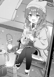 Rule 34 | 1girl, absurdres, beanie, blue archive, boots, chiune (yachi), collared shirt, commentary, cup, grass, greyscale, hair between eyes, hat, highres, holding, holding cup, jacket, lantern, long hair, long sleeves, maki (blue archive), maki (camp) (blue archive), monochrome, official alternate costume, official alternate hairstyle, open clothes, open jacket, open mouth, pantyhose, shirt, smile, solo