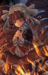 Rule 34 | 1girl, black nails, bonnet, brown hair, button eyes, buttons, celestia ludenberg, commentary, criis-chan, danganronpa: trigger happy havoc, danganronpa (series), doll, doll joints, dress, drill hair, embers, fire, frilled dress, frills, gothic lolita, hands up, identity v, joints, lolita fashion, long hair, long sleeves, nail polish, necktie, own hands clasped, own hands together, smile, solo, twin drills, twintails, twitter username, very long hair