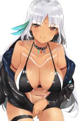 Rule 34 | 1girl, azur lane, bare shoulders, bikini, bikini top only, bikini under clothes, black jacket, blush, breasts, brown eyes, choker, collarbone, facial mark, jacket, jacket tug, large breasts, long hair, looking at viewer, massachusetts (azur lane), multicolored hair, navel, open clothes, silver hair, simple background, smile, solo, swimsuit, swimsuit under clothes, tan, tetsujin momoko, thigh strap, white background