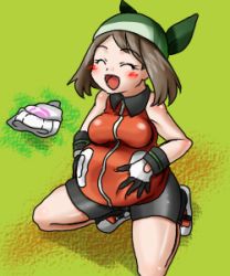 Rule 34 | 00s, 1girl, alternate breast size, alternate costume, beanie, blush, breasts, brown hair, closed eyes, creatures (company), game freak, hands on stomach, hat, inflation, lowres, may (pokemon), may (pokemon emerald), medium breasts, nintendo, pokemon, pokemon rse, refuto, smile, solo, vore