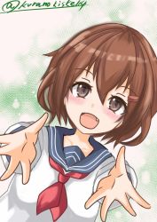 Rule 34 | 1girl, anchor symbol, black sailor collar, brown hair, dutch angle, foreshortening, hair ornament, hairclip, highres, ikazuchi (kancolle), kantai collection, kurano kisuke, looking at viewer, neckerchief, one-hour drawing challenge, open mouth, red neckerchief, sailor collar, school uniform, serafuku, short hair, smile, solo, twitter username, upper body