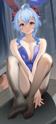 Rule 34 | 1girl, absurdres, ahoge, alternate costume, animal ears, artist name, bare arms, between legs, black pantyhose, blue hair, blurry, blurry foreground, blush, breasts, cleavage, closed mouth, depth of field, fake animal ears, feet, foreshortening, full body, ganyu (genshin impact), genshin impact, goat horns, gradient eyes, hair between eyes, hand between legs, highres, horns, knees up, large breasts, leg up, leotard, long hair, looking at viewer, multicolored eyes, no shoes, own hands together, pantyhose, playboy bunny, presenting foot, purple eyes, purple leotard, raised eyebrows, sidelocks, sitting, solo, strapless, strapless leotard, wusie2