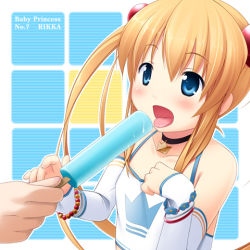 Rule 34 | 10s, 1girl, amatsuka rikka, baby princess, blonde hair, blush, hair bobbles, hair ornament, inuarashi, lowres, open mouth, popsicle, sexually suggestive, solo, tongue