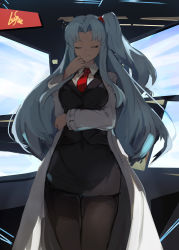 Rule 34 | 1girl, angela (project moon), black pants, black pantyhose, blouse, blue hair, breasts, closed eyes, closed mouth, collared shirt, highres, lab coat, lansane, large breasts, lobotomy corporation, long hair, long sleeves, necktie, one side up, pants, pantyhose, project moon, red necktie, shirt, sidelocks, skirt, smile, solo, white shirt