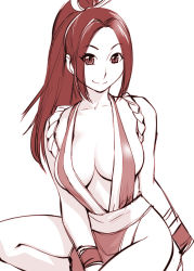Rule 34 | 1girl, bare shoulders, breasts, cleavage, fatal fury, female focus, large breasts, long hair, looking at viewer, monochrome, ninja, no bra, pelvic curtain, ponytail, revealing clothes, shiranui mai, sideboob, sitting, smile, solo, the king of fighters, ueyama michirou