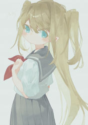 Rule 34 | 1girl, blonde hair, blue eyes, blush, closed mouth, commentary request, from behind, grey background, grey sailor collar, grey skirt, highres, long hair, looking at viewer, looking back, neckerchief, original, pleated skirt, potg (piotegu), red neckerchief, sailor collar, school uniform, serafuku, shirt, short sleeves, signature, simple background, skirt, solo, twintails, very long hair, white shirt