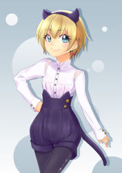 Rule 34 | 1girl, animal ears, black pantyhose, blonde hair, blue eyes, blush, buttons, cat ears, cat girl, cat tail, earrings, female focus, hand on own hip, highres, horns, jewelry, long sleeves, looking at viewer, original, pantyhose, puffy pants, shirt, short hair, smile, solo, sparkle, standing, tail, white shirt, zeku (furrock)