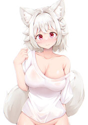 Rule 34 | 1girl, animal ears, blush, breasts, cleavage, closed mouth, collarbone, groin, inubashiri momiji, large breasts, red eyes, rururiaru, shirt, short hair, short sleeves, simple background, solo, tail, touhou, upper body, white background, white hair, white shirt, wolf ears, wolf tail