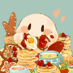 Rule 34 | baguette, blush, bread, butter, chocolate syrup, cup, eating, food, food art, food focus, food on face, fried egg, fried egg on toast, fruit, heart, highres, kirby, kirby (series), leaf, nintendo, no humans, osakinn, pancake, pancake stack, strawberry, tako-san wiener, toast