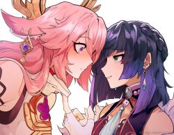 Rule 34 | 2girls, animal ear fluff, artist name, bare shoulders, blush, braid, breasts, cleavage, closed mouth, commentary, constricted pupils, earrings, embarrassed, english commentary, fingerless gloves, flying-frappuccino, genshin impact, gloves, green eyes, grin, hair between eyes, hand up, highres, jewelry, long hair, looking at another, multiple girls, parted lips, purple eyes, shirt, simple background, smile, turtleneck, upper body, white background, white gloves, white shirt, yae miko, yelan (genshin impact)