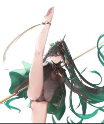 Rule 34 | 1girl, agaver123, anklet, black hair, black panties, bracelet, breasts, brown eyes, chinese clothes, cloak, green cloak, grey hair, hair ornament, highres, holding, holding polearm, holding weapon, jewelry, long hair, medium breasts, multicolored hair, nipples, panties, polearm, punishing: gray raven, qu (punishing: gray raven), see-through, simple background, solo, split, standing, standing on one leg, standing split, underwear, very long hair, weapon, white background