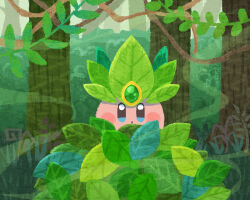 Rule 34 | blue eyes, blush stickers, bush, copy ability, forest, gem, green gemstone, kirby, kirby (series), leaf, leaf kirby, looking at viewer, miclot, nature, nintendo, no humans, open mouth, plant, tree, vines