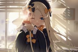 Rule 34 | 1girl, abigail williams (fate), backlighting, bad id, bad pixiv id, black bow, black dress, black headwear, blonde hair, blue eyes, blush, bow, breasts, bubble tea, cup, dress, drinking straw, fate/grand order, fate (series), forehead, hair bow, highres, holding, holding cup, long hair, multiple hair bows, nekohirune, one eye closed, open mouth, orange bow, parted bangs, polka dot, polka dot bow, ribbed dress, sleeves past wrists, smile, solo