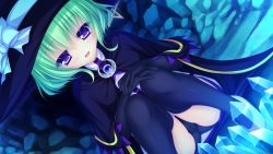Rule 34 | 1girl, :d, black gloves, black panties, black thighhighs, bow, cape, crescent, crystal, dutch angle, game cg, gem, gloves, green hair, hat, hat bow, hat ribbon, highres, jewelry, justy x nasty, kagami hibiki, mikagami mamizu, open mouth, panties, pantyshot, pendant, pentagram, purple eyes, ribbon, short hair, smile, solo, thighhighs, underwear, upskirt, witch hat