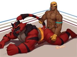 Rule 34 | 2boys, :o, abs, absurdres, alternate pectoral size, anal, animal ears, ass, black hair, boxing ring, buzz cut, cat boy, cat ears, cat tail, colored sclera, completely nude, creatures (company), cum, cum while penetrated, dark skin, dark skinned male, drooling, full body, furry, game freak, gen 7 pokemon, highres, incineroar, interspecies, large pectorals, lying, male focus, male pubic hair, marshal (pokemon), multicolored hair, multiple boys, muscular, muscular male, navel, navel hair, nintendo, nipples, nude, on stomach, orange hair, penis, personification, pokemon, pokemon (game), pokemon bw, pubic hair, red fur, reward available, sex, short hair, sideburns, size difference, spread legs, stomach, sweat, tail, tail grab, thick thighs, thighs, two-tone hair, very short hair, whyhelbram, yellow sclera