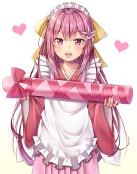 Rule 34 | alternate costume, apron, flower, gift, gurande (g-size), hair flower, hair ornament, hair ribbon, heart, highres, kamikaze (kancolle), kantai collection, long hair, looking at viewer, maid, maid apron, maid headdress, open mouth, pink hair, ribbon, simple background, wa maid