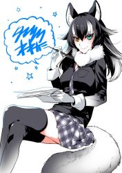 Rule 34 | 10s, 1girl, animal ears, between breasts, black hair, black thighhighs, blue eyes, breasts, checkered clothes, checkered skirt, crossed legs, fur collar, gloves, grey wolf (kemono friends), heterochromia, holding, holding paper, holding pen, kashi-k, kemono friends, long hair, long sleeves, looking at viewer, multicolored hair, necktie, necktie between breasts, paper, pen, simple background, sitting, skirt, solo, speech bubble, star (symbol), tail, thighhighs, two-tone hair, white background, white gloves, wolf ears, wolf tail, yellow eyes, zettai ryouiki