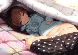 Rule 34 | 1girl, :&gt;, akagi asahito, blanket, blush, breasts, brown eyes, brown hair, clothes pull, indoors, lying, naughty face, on side, original, pajamas, panties, pants, pants pull, panty pull, short hair, smile, solo, star (symbol), star print, sweater, tongue, under covers, underwear, undressing, white panties