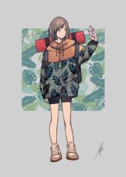Rule 34 | 1girl, absurdres, backpack, bag, bike shorts, brown eyes, brown hair, expressionless, gem, highres, holding, jacket, leaf print, long sleeves, looking to the side, nanakawa (nanasoon), original, oversized clothes, print jacket, shoes, signature, simple background, sneakers, solo