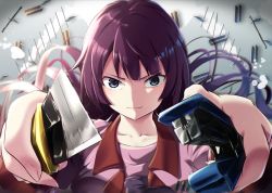 Rule 34 | &gt;:), 1girl, bakemonogatari, blue eyes, blurry, blurry background, boxcutter, closed mouth, collar, collarbone, collared shirt, commentary request, floating, floating object, foreshortening, hair spread out, holding, holding weapon, long hair, looking at viewer, monogatari (series), necktie, purple hair, purple necktie, purple shirt, red collar, school uniform, senjougahara hitagi, shadow, shirt, solo, stapler, tagame (tagamecat), weapon