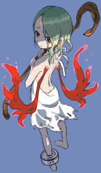 Rule 34 | 1girl, anklet, bare back, barefoot, breath of fire, breath of fire v, butt crack, dress, facial mark, forehead mark, full body, glowing, green hair, highres, jewelry, looking at viewer, looking back, nina (breath of fire v), red wings, simple background, sleeveless, sleeveless dress, solo, staff, wings, yamamoto souichirou