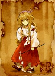 Rule 34 | 1girl, blonde hair, detached sleeves, expressionless, gohei, hakama, highres, hourai girl (touhou), japanese clothes, kaigen 1025, kimono, long hair, long skirt, mary janes, miko, pink headwear, portrait of exotic girls, red footwear, red hakama, red skirt, ribbon, sash, shoes, skirt, solo, touhou, very long hair, white kimono, white ribbon, white sash, yellow eyes, zun (style)