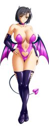 Rule 34 | 1girl, absurdres, bishop (company), black hair, blush, boots, breasts, bridal gauntlets, choker, cleavage, closed mouth, demon horns, demon tail, demon wings, feet, female focus, full body, game cg, groin, hand on own hip, happy, highres, horns, huge breasts, kazoku: haha to shimai no kyousei, legs, legs together, leotard, light blush, looking at viewer, mizoro tadashi, navel, original, short hair, smile, solo, standing, tachi-e, tail, taura maho, thigh boots, thighhighs, thighs, transparent background, wings, yellow eyes