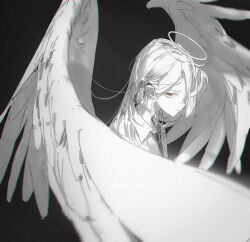 Rule 34 | 1boy, angel devil (chainsaw man), angel wings, bishounen, chainsaw man, collared shirt, dino (dinoartforame), greyscale, halo, highres, long hair, male focus, monochrome, necktie, orange eyes, shirt, simple background, solo, spot color, trap, upper body, wings