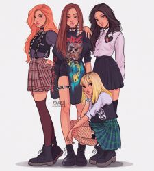 Rule 34 | 4girls, animification, black choker, black footwear, blackpink, blonde hair, blunt bangs, boots, bracelet, brown hair, choker, commentary, earrings, english commentary, fishnet pantyhose, fishnets, hand on another&#039;s shoulder, hand on own cheek, hand on own face, highres, instagram username, itslopezz, jennie (blackpink), jewelry, jisoo (blackpink), k-pop, light brown hair, lisa (blackpink), long hair, long sleeves, looking at viewer, medium hair, multiple girls, pantyhose, profile, real life, red lips, ring, rose (blackpink), shirt, short shorts, shorts, skirt, sleeves rolled up, squatting, standing, thighhighs, very long sleeves, white shirt