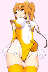Rule 34 | 10s, 1girl, animal ears, bound, breasts, brown eyes, brown theme, cameltoe, censored, covered erect nipples, covered navel, friends, golden snub-nosed monkey (kemono friends), groin, hair ornament, highleg, highleg leotard, kemono friends, kurogoma (haruhi3), large breasts, leotard, leotard pull, long hair, looking at viewer, monkey ears, orange hair, pink background, ponytail, see-through, simple background, skirt, sleeveless, solo, standing, thighhighs