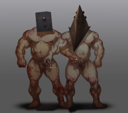 Rule 34 | 2boys, absurdres, bara, belly, blood, blood on hands, blood on leg, blood splatter, character request, completely nude, cum, cum string, dark-skinned male, dark skin, erection, full body, grey background, highres, large pectorals, male focus, mature male, multiple boys, muscular, muscular male, navel, nipples, nude, pectorals, penis, penis grab, plump, precum, pyramid head, silent hill (series), silent hill 2, sparkle, standing, stomach, the evil within, the keeper, thick thighs, thighs, tigari, uncensored, yaoi
