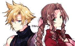 Rule 34 | 1boy, 1girl, aerith gainsborough, armor, blonde hair, blue eyes, braid, brown hair, cloud strife, curly hair, dress, earrings, final fantasy, final fantasy vii, final fantasy vii remake, green eyes, jacket, jewelry, naho (pi988y), pink dress, red jacket, ribbon, shoulder armor, spiked hair, square enix, suspenders, turtleneck, white background