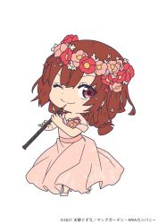 Rule 34 | 1girl, aria (manga), azusa mclaren, brown hair, chibi, closed mouth, copyright name, copyright notice, dated, dress, eyelashes, floral print, flower, full body, hair flower, hair ornament, high heels, highres, holding, instrument, looking at viewer, medium hair, mole, mole under eye, music, oboe, off-shoulder dress, off shoulder, official alternate costume, official art, one eye closed, pink dress, pink flower, pink footwear, playing instrument, red eyes, red flower, simple background, smile, solo, standing, standing on one leg, white background