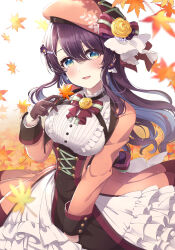 Rule 34 | 1girl, :d, ao no neko, autumn, autumn leaves, beret, coat, dress, fang, floating hair, flower, frilled dress, frills, gloves, green eyes, hair flower, hair ornament, hat, highres, holding, holding leaf, leaf, long hair, looking at viewer, open clothes, open coat, open mouth, original, pink coat, pink hat, purple hair, smile, solo, underbust, white dress