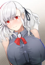 Rule 34 | 1girl, absurdres, blue shirt, blush, braid, breasts, closed mouth, girls&#039; frontline, hair between eyes, hair ornament, hair ribbon, highres, large breasts, long hair, looking at viewer, neck ribbon, red eyes, red ribbon, ribbon, shirt, silver hair, simple background, solo, solokitsune, spas-12 (girls&#039; frontline), standing