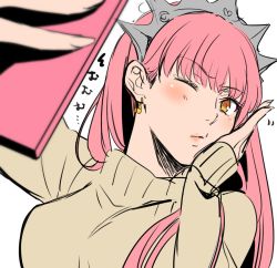Rule 34 | 1girl, aono shimo, bad id, bad twitter id, blunt bangs, cellphone, fate/grand order, fate (series), hand on own cheek, hand on own face, long hair, medb (fate), one eye closed, phone, pink hair, selfie, smartphone, solo, tiara, yellow eyes
