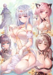 Rule 34 | 1boy, 4girls, absurdres, alternate costume, animal ears, arms behind head, back turned, bare shoulders, blue eyes, blue hair, blush, bow, braid, breast hold, breasts, breasts out, brown hair, choker, circlet, cleavage, clothes, collared shirt, curly hair, dress, enmaided, flower, frills, garter straps, gem, gloves, hair bow, hair ribbon, hanahanamaki, highres, jewelry, lace, lace-trimmed legwear, lace trim, large breasts, long hair, maid, maid headdress, medium breasts, multicolored background, multiple girls, necklace, original, petals, pink hair, pink ribbon, ponytail, purple eyes, red eyes, ribbon, seiza, shirt, sitting, small breasts, smile, sousouman, standing, star (symbol), thighhighs, white dress, white gloves, white legwear, yellow eyes, yellow flower