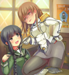 Rule 34 | 10s, 2girls, alternate costume, bespectacled, black eyes, black hair, blunt bangs, braid, brown hair, buttons, classroom, collared shirt, cosplay, desk, double-breasted, em s, epaulettes, glasses, gloves, grey skirt, hair between eyes, hand on own hip, indoors, jacket, kantai collection, katori (kancolle), katori (kancolle) (cosplay), kitakami (kancolle), kneeling, looking at viewer, machinery, multiple girls, necktie, ooi (kancolle), open mouth, pantyhose, pencil skirt, pointer, riding crop, school, school uniform, shaded face, shirt, single braid, sitting, skirt, skirt set, thighs, uniform, white gloves, window