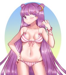 Rule 34 | 1girl, bad id, bad pixiv id, bare arms, bare shoulders, bikini, blush, bow, bracelet, breasts, breasts apart, closed mouth, cowboy shot, crescent, crescent hair ornament, dark jewel (gem oblivion), double bun, front-tie bikini top, front-tie top, hair bow, hair bun, hair ornament, hairclip, halterneck, hand on own hip, highres, jewelry, long hair, looking at viewer, medium breasts, navel, one eye closed, patchouli knowledge, pearl bracelet, pink bow, purple eyes, purple hair, side-tie bikini bottom, solo, striped bikini, striped clothes, swimsuit, touhou, very long hair, x hair ornament